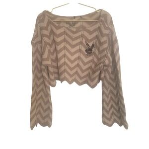 Lux Rosa Bunny Logo Crop Knit Sweater Chevron Brown Long Sleeve Women M